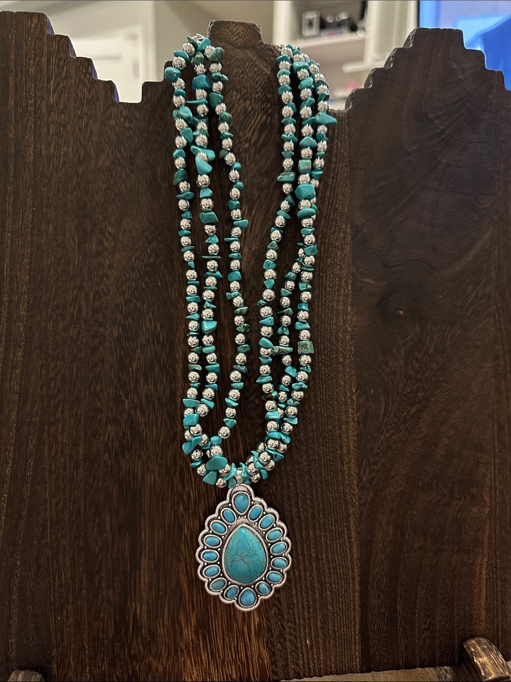 Turquoise Howlite Multi-Strand Teardrop Pendant Necklace - Women Stamped S925
